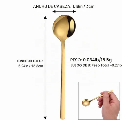 Vista 2 de Juego de 8 cucharas de café doradas de 5.24 pulgadas, cucharas de postre pequeñas de acero inoxidable de 5.24 pulgadas, cucharas de té SUS 304