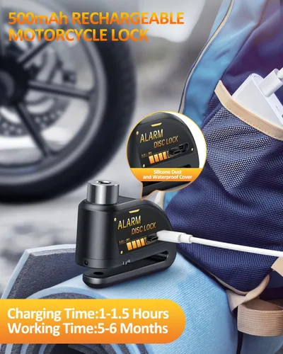 Vista 3 de Candado recargable Onvian para motocicleta con alarma de 120 dB y cable de recordatorio de acero de 1.8 m, para motocicletas, bicicletas, ebikes