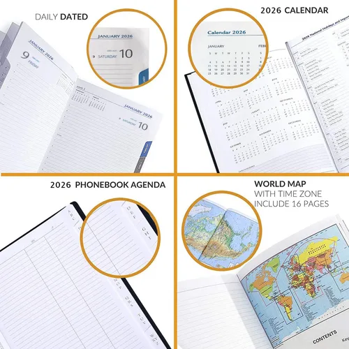Vista 4 de Agenda diaria 2026 (12.7 x 17.8 cm) - Hecha en Italia, agenda horaria de una página por día, 416 páginas, pestañas y calendario mensual, agenda