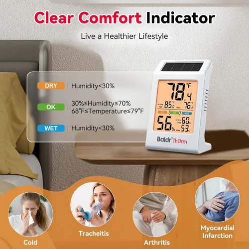 Vista 7 de BaldrTherm Room Thermometer Indoor, Humidity Meter, 2026 Upgrade Backlit Digital Humidity&Temperature Monitor Solar Powered MAX MIN Record