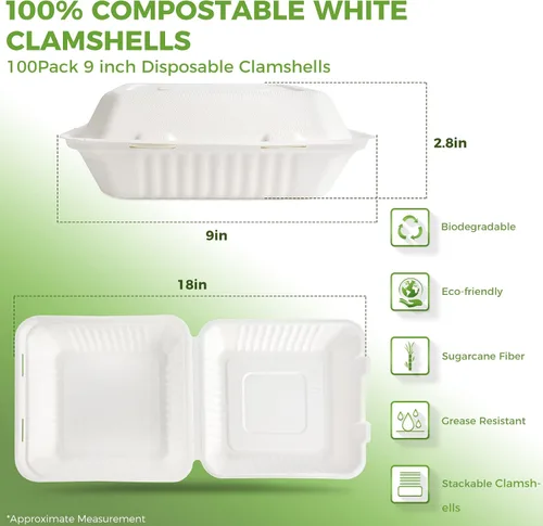 Vista 2 de Azure Zone, Concha desechable compostable de 9 pulgadas, 1 compartimento, paquete de 200, ecológica, biodegradable, hecha de fibras de caña de azúcar