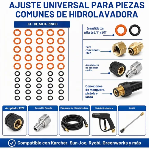 Vista 2 de Kit de 50 juntas tóricas para hidrolimpiadora a presión, sellos de repuesto de goma NBR de 1/4 y 3/8 pulgadas para Karcher Sun Joe Ryobi Greenworks