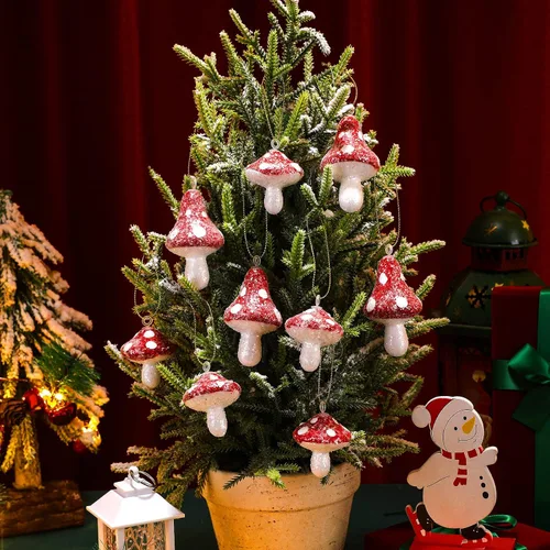 Vista 4 de Sosation 24 adornos navideños de hongos rojos y blancos, adornos colgantes decorativos para árbol de Navidad, vacaciones, decoración de fiesta