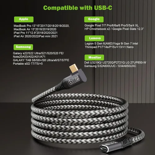 Vista 3 de Cable de extensión USB 3.2 de 1.65 pies, cable de extensión USB-C corto de ángulo recto macho a hembra de carga de extensión compatible con video