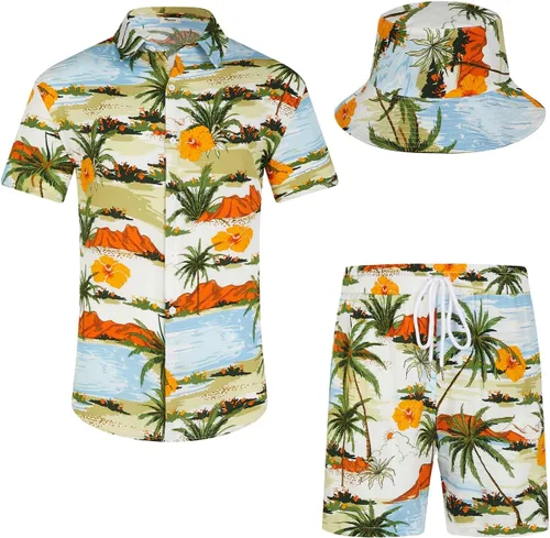 Vista 21 de EISHOPEER Conjunto hawaiano de flores para hombre, camisa de manga corta y pantalones cortos, trajes con sombreros de pescador