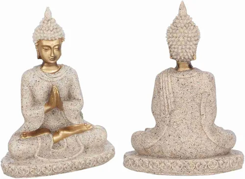 Vista 7 de Hilitand Estatua de Buda meditando sentado decoración del hogar adorno tallado figura artesanía arenisca (A dorado)
