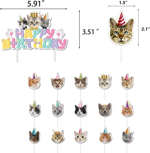 Vista 5 de TSJ 16 adornos para cupcakes de gato, decoración de pastel de cumpleaños para gatos, decoración de fiesta temática de gatitos, palitos para pastel