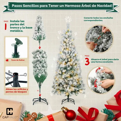 Vista 6 de Fencer Wire 4.5 pies Árbol de Navidad artificial preiluminado con nieve en copos, tipo lápiz, con 398 puntas de ramas con bisagras preestablecidas