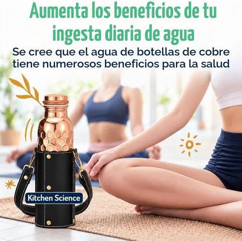 Vista 6 de Kitchen Science Auténtica botella ayurvédica de cobre (34 oz/33.8 fl oz) de cuero para agua potable Probado en laboratorio, a prueba de fugas