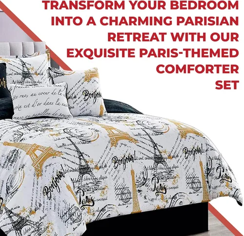 Vista 2 de Juego de edredón Sapphire Home de 7 piezas para cama tamaño queen/king con fundas de almohada, diseño de la Torre Eiffel de París, color negro