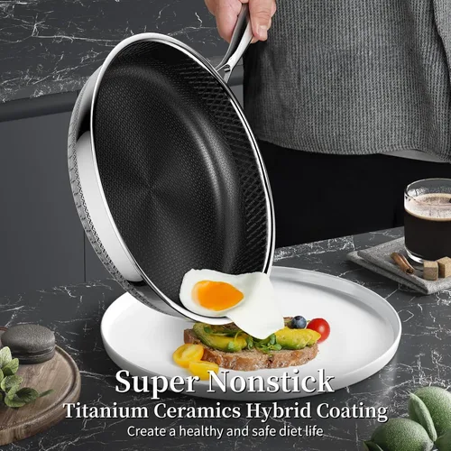 Vista 2 de Sartén antiadherente de 8 pulgadas con tapa, sartén antiadherente de acero inoxidable tri-capa de cerámica de titanio con tapa, sartén híbrida