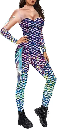 Vista 2 de Traje de baño de sirena para mujer con estampado de escamas de pez de manga larga para vacaciones de verano
