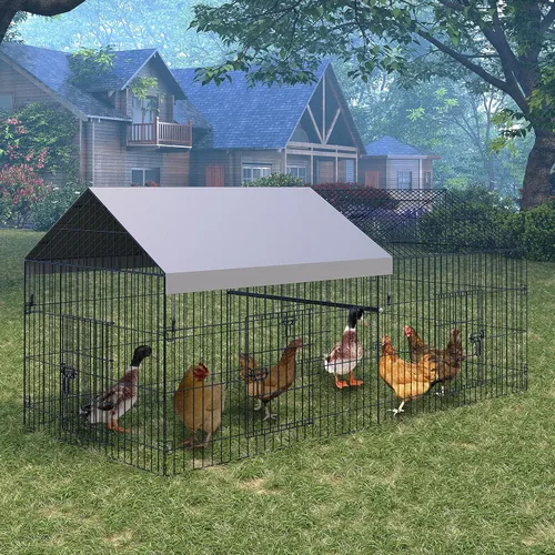 Vista 5 de Gallinero de metal, corralito de pollo para patio con cubierta, jaula portátil de metal para exteriores con 4 puertas y 1 ventana para gallina
