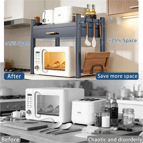 Vista 2 de Estante ajustable para horno de microondas, estante de microondas con cajones, estante de 2 niveles con soporte para tablas de cortar para estantes