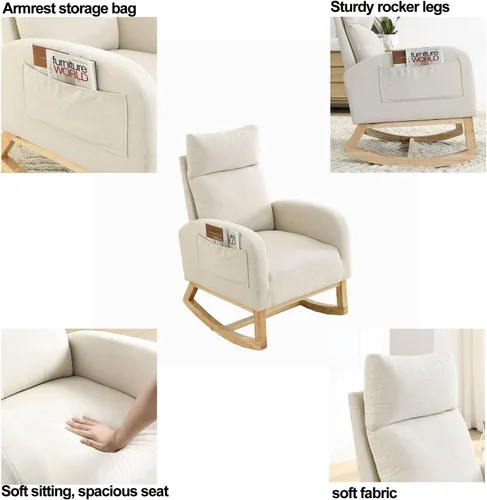 Vista 5 de Nursery Rocking Chair Teddy Modern Upholstered Glider Rocker Rocking Accent Chairs with Two Side Pocket ＆ High Backrest Comfy Reading Chair for Beige