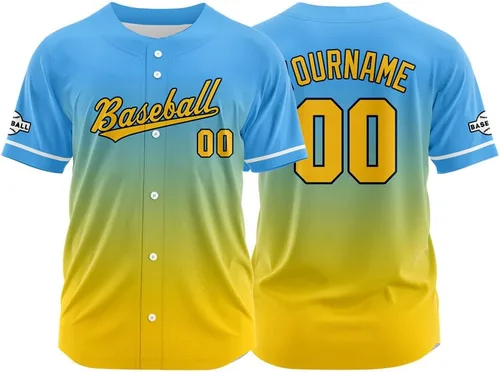 Vista 31 de Camiseta de béisbol con degradado personalizado, nombre, número y logotipo personalizados para hombres, mujeres y niños