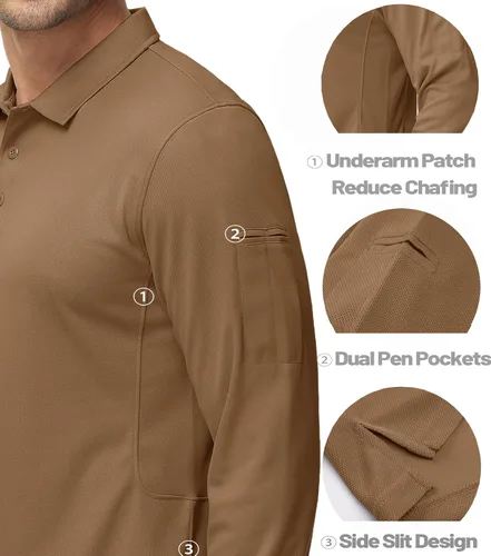 Vista 4 de MAGCOMSEN Camisas polo para hombre, 3 botones, secado rápido, manga larga, tácticas, camisa de golf