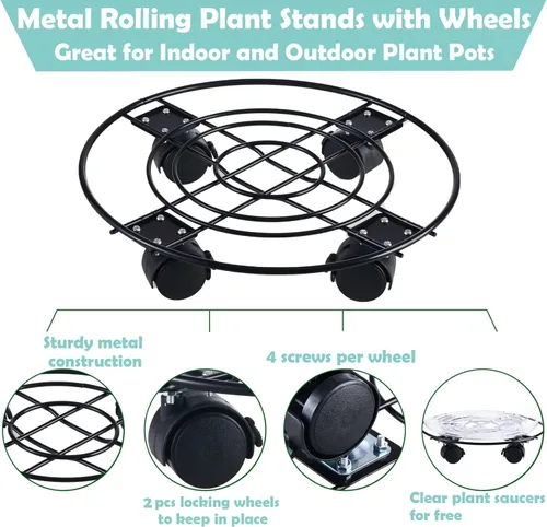 Vista 2 de Paquete de 3 cajas grandes de metal para plantas de 13 pulgadas con ruedas, soporte rodante de hierro forjado resistente con ruedas para macetas