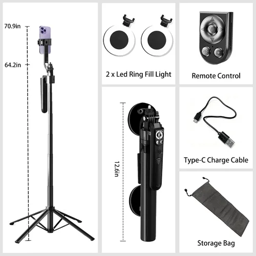 Vista 8 de Trípode para selfie con seguimiento automático de cara para iPhone con luz de rotación de 360° que sigue tu movimiento, trípode para cámara de 70.9