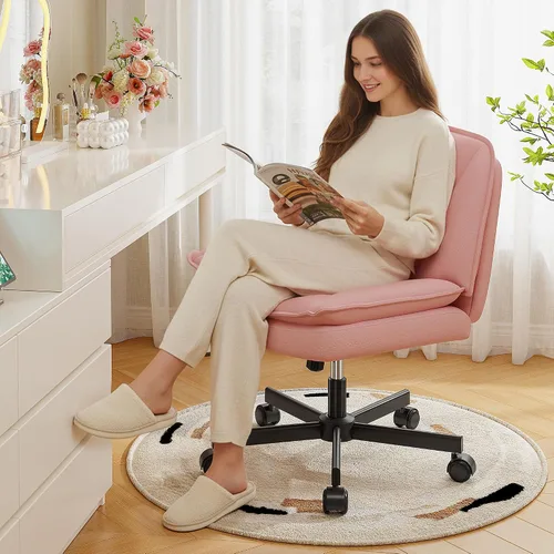Vista 14 de DurayLoly Silla Criss Cross con Ruedas, Silla de Oficina con Patas Cruzadas con 2 Capas de Cuero Comfty & Back, Silla de Tocador Ancha sin Brazos