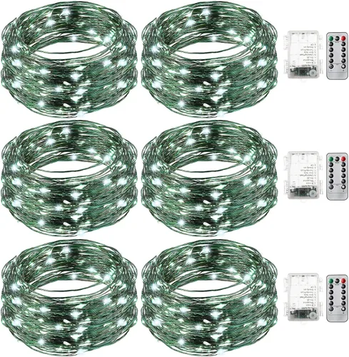 Vista 12 de Remagr 4 paquetes de luces de hadas navideñas de cadena, luces LED de alambre verde impermeables, funciona con pilas, con control remoto, 8 modos