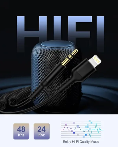 Vista 5 de Cable auxiliar para iPhone, cable de audio Lightning de 3.5mm con espiral, cable auxiliar macho certificado MFi de Apple para iPhone 14 Pro Max 13