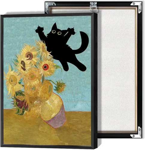 Vista 10 de Póster de Arte Gracioso de Gato Negro Vintage Van Gogh Girasol Gato Impreso en Lienzo Arte de Pared de Gato Lindo Estética de Animales