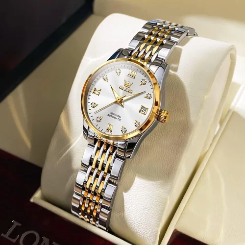 Vista 4 de OLEVS Reloj automático de mujer con diamantes mecánico de cuerda automática a la moda elegante reloj de pulsera luminoso impermeable de acero