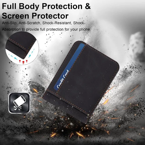Vista 2 de Funda de piel con tapa para Samsung Galaxy Z Flip 3, con protección de bisagra, delgada y magnética tipo cartera [1 tarjetero], funda protectora a