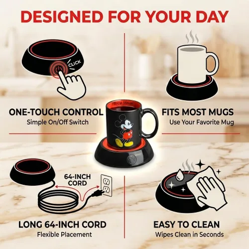 Vista 4 de Calentador de Tazas Mickey Mouse de Disney con Taza de 12 oz por Select Brands - Calentador de Tazas de Café con Taza de Cerámica Incluida - Plato