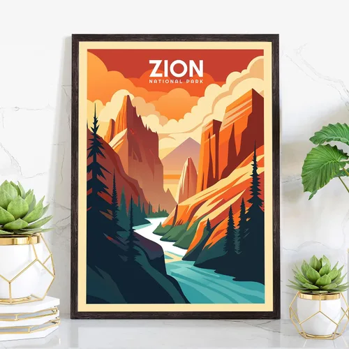 Vista 3 de Póster del Parque Nacional Zion, impresiones artísticas de pared de los parques nacionales Zion, póster de viaje retro de Utah, pósteres vintage