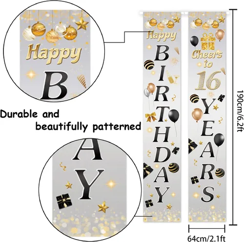 Vista 2 de 5665 Cartel de feliz cumpleaños 16 para porche, decoración de puerta gris con texto en inglés "Cheers to 16 años" para fiestas temáticas para niños