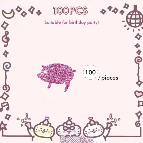 Vista 3 de 100 piezas de confeti de cerdo, dispersión de papel de cerdo con purpurina rosa, confeti de mesa de animales de granja, decoración de pastel