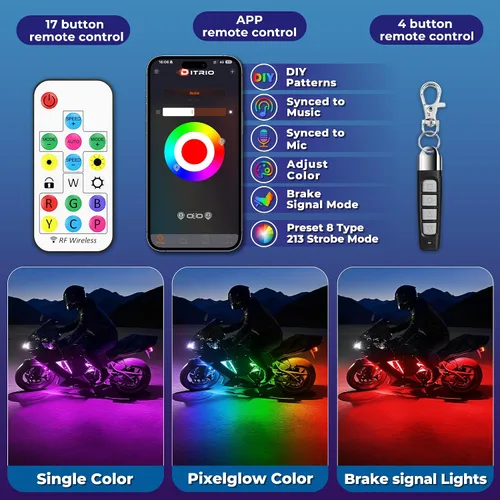 Vista 3 de 8 piezas de luces LED de doble fila para motocicleta con señal de giro y freno, kits de luces de resplandor con control remoto DITRIO APP/RF, zona
