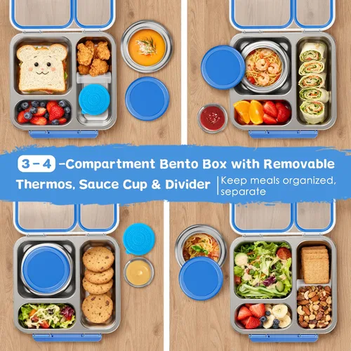 Vista 4 de Pawtong Caja Bento de Acero Inoxidable para Niños y Adultos con Frasco de Comida Aislado de 7 oz, Caja de Almuerzo de Metal con Tapa Transparente