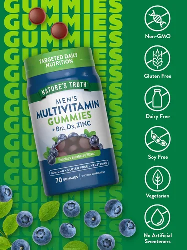 Vista 3 de Nature's Truth Gomitas multivitamínicas para hombres, 70 unidades, sabor a arándanos, con B12, D3 y zinc, suplemento vegetariano, sin OMG y sin