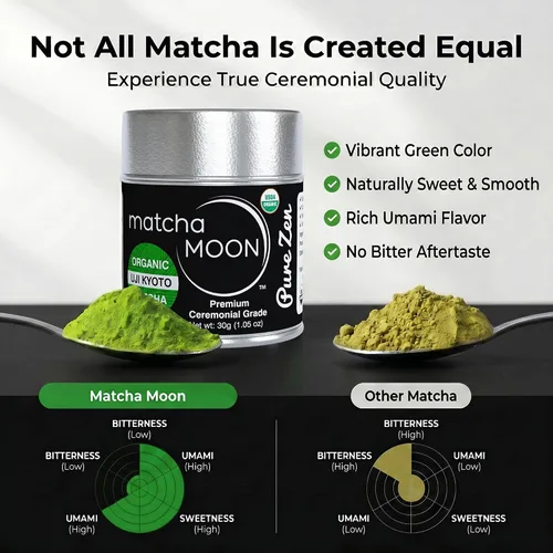 Vista 2 de Matcha Moon Pure Zen Ceremonial Grade Matcha Powder Té verde japonés tradicional orgánico orgánico USDA Primera cosecha Uji Kyoto Proveniente