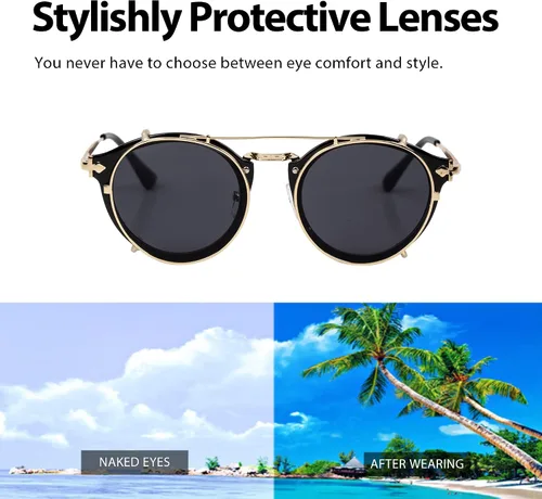 Vista 6 de Technigadgets Wilson - Lentes de sol de doble puente retro steampunk redondos con clip de doble capa extraíble polarizados UV400