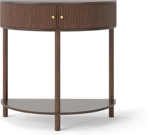 Vista 3 de Knocbel Mesa consola Half Moon con puerta con patrón de ondas, mesa auxiliar de sofá semicírculo con 2 cajones de almacenamiento y estante inferior