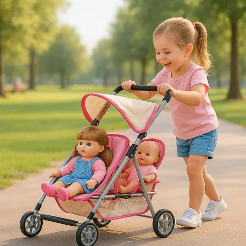 Vista 2 de Fash n kolor, Twin Doll Double Stroller Pink & Off-White Design Easy to Fold Double Stroller with Basket in The Bottom Rosa