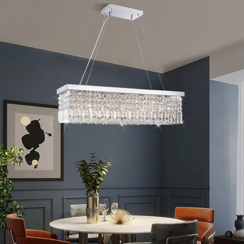 Vista 2 de Candelabro moderno de vidrio de gotas para iluminación de techo de Ella Fashion®, hermosa lámpara de techo con brazos, Rectangle Chandeliers 11