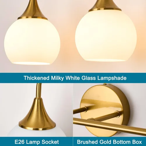 Vista 4 de Lámparas doradas de baño con 2 luces de tocador con pantalla de vidrio blanco leche, luces de tocador para baño, aplique de pared moderno para baño