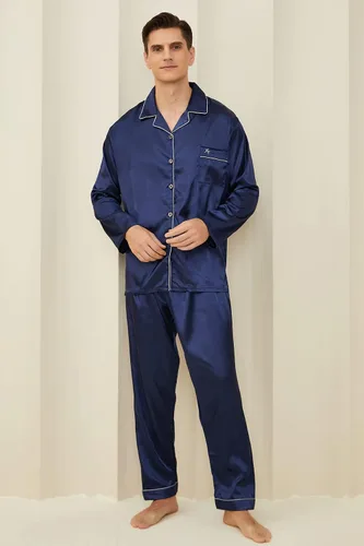 Vista 5 de FENTENG Men's Satin Pajamas Set Long Sleeve Silky Sleepwear Sets Button Down Shirt Top with Long Pants Soft 2 Pcs Lounge Set