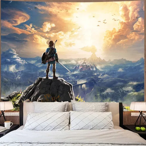 Vista 4 de kampdream Tapiz de videojuegos de anime, paisaje de cielo y montaña, para niños, hombres, dormitorio, sala de estar, 36 x 48 pulgadas