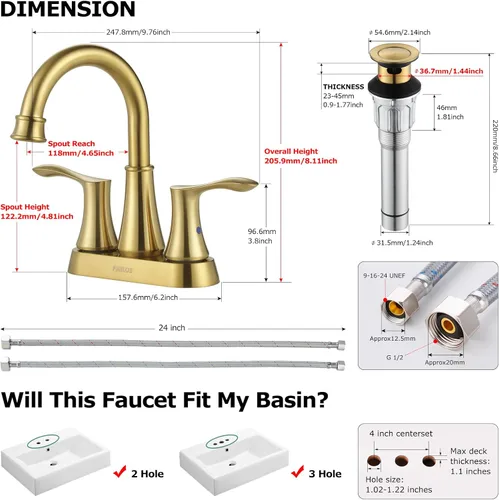 Vista 4 de PARLOS Grifo de lavabo de baño dorado cepillado de 4 pulgadas para tocador Oro cepillado