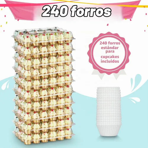 Vista 5 de Gencywe (24 paquetes x 10 juegos) Portadores apilables para cupcakes con 240 forros para cupcakes, cajas de plástico soportes para cupcakes para 24