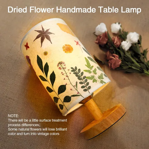 Vista 2 de Lámpara de mesa con flores prensadas, 5 W, LED, 3 temperaturas, flores secas, lámpara de noche, pantalla de lino con base de madera
