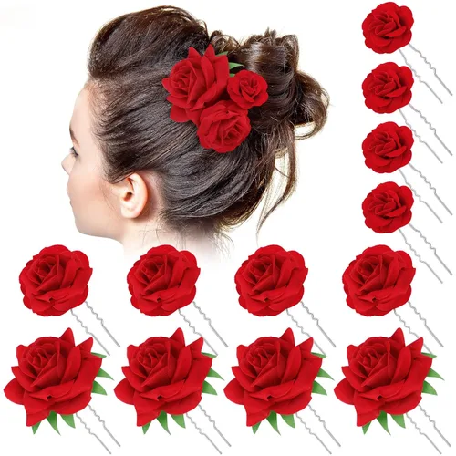 Vista 7 de BBTO 12 pinzas para el pelo de rosas, accesorios mexicanos para bailarinas de flamenco, mujeres, flores mexicanas, clips de flores para novia, Negro