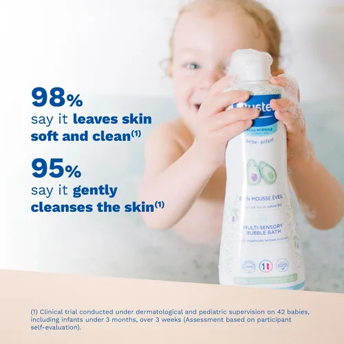 Vista 3 de Mustela Baño de burbujas multisensorial para bebés con aguacate natural, fórmula biodegradable, 6.76 onzas, el embalaje puede variar
