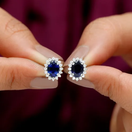 Vista 7 de Princess Diana Inspired Lab Created Blue Sapphire Earrings, Created Blue Sapphire Stud Earrings, Classic Created Blue Sapphire Earrings with